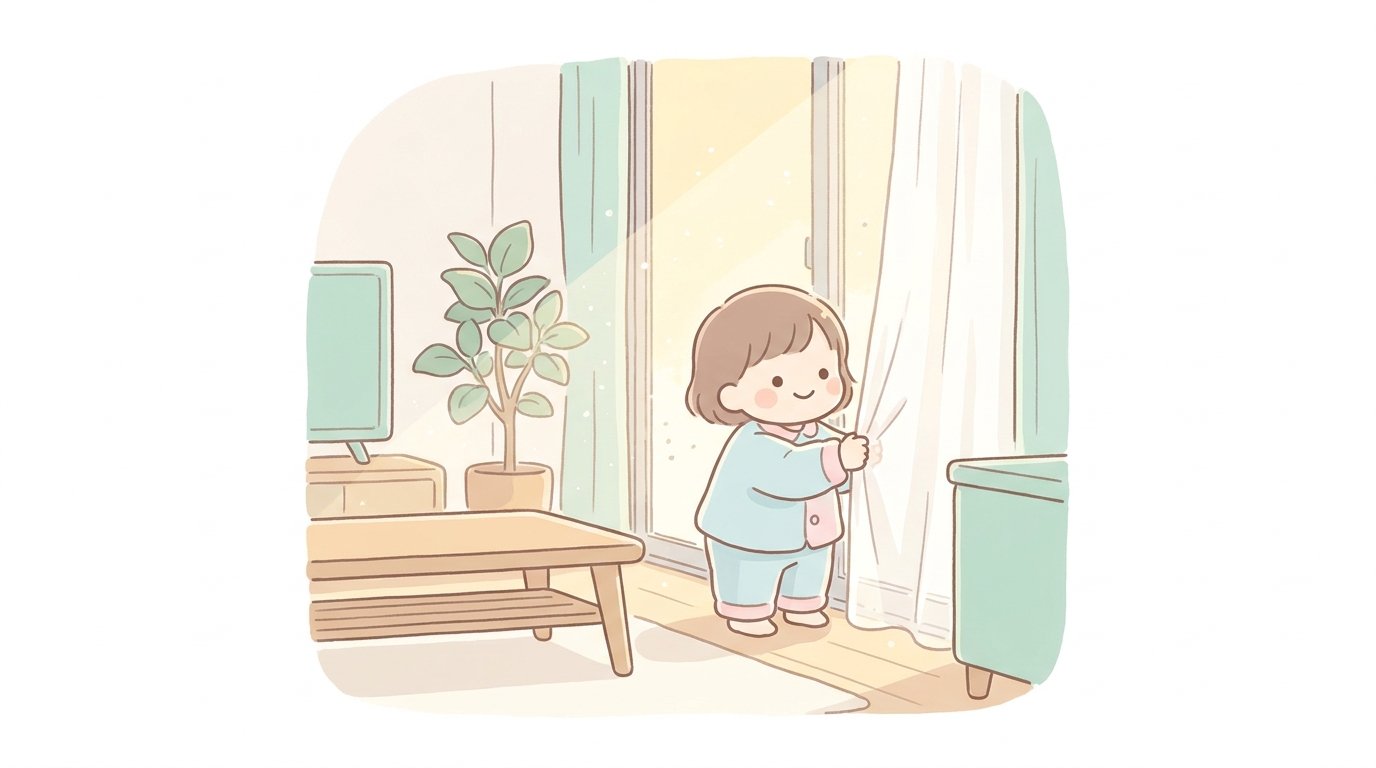 朝の光が差し込むリビングで、パジャマ姿の2歳くらいの子どもがカーテンを開けている様子