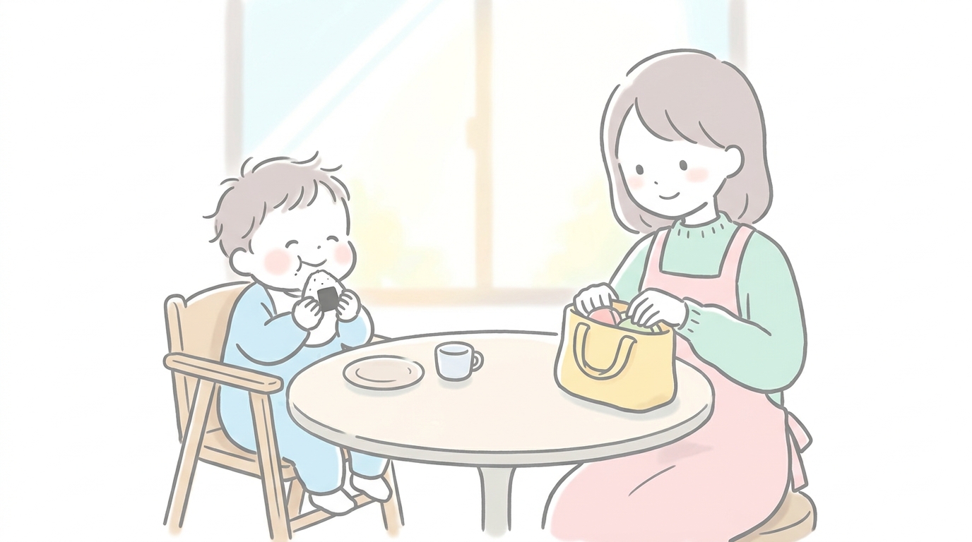 ダイニングテーブルでおにぎりを手づかみで食べる笑顔の1歳児と、隣で支度をする母親