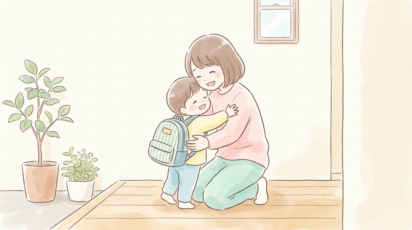 玄関で保育園バッグを背負った3歳児と母親が笑顔でハグをしているシーン