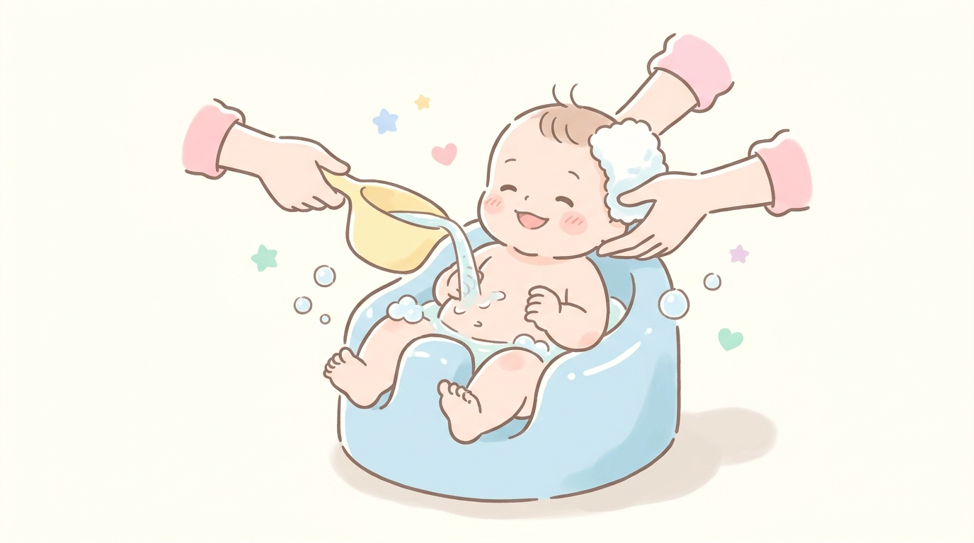 バスチェアに座って気持ちよさそうにお湯を浴びる生後6ヶ月くらいの赤ちゃんと、優しく頭を洗ってあげる母親の手元