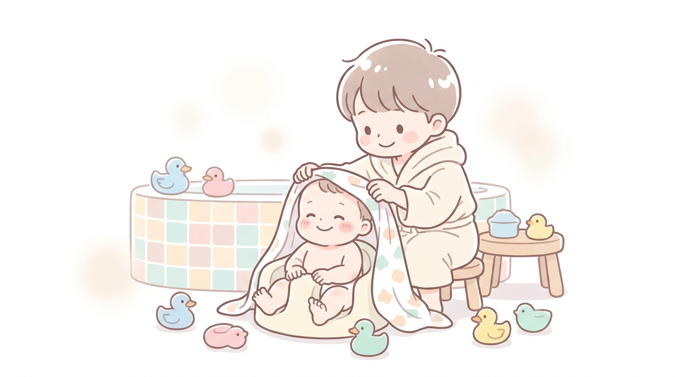 浴室で上の子が赤ちゃんに優しくタオルをかけてあげている、ほっこりとしたきょうだいの様子