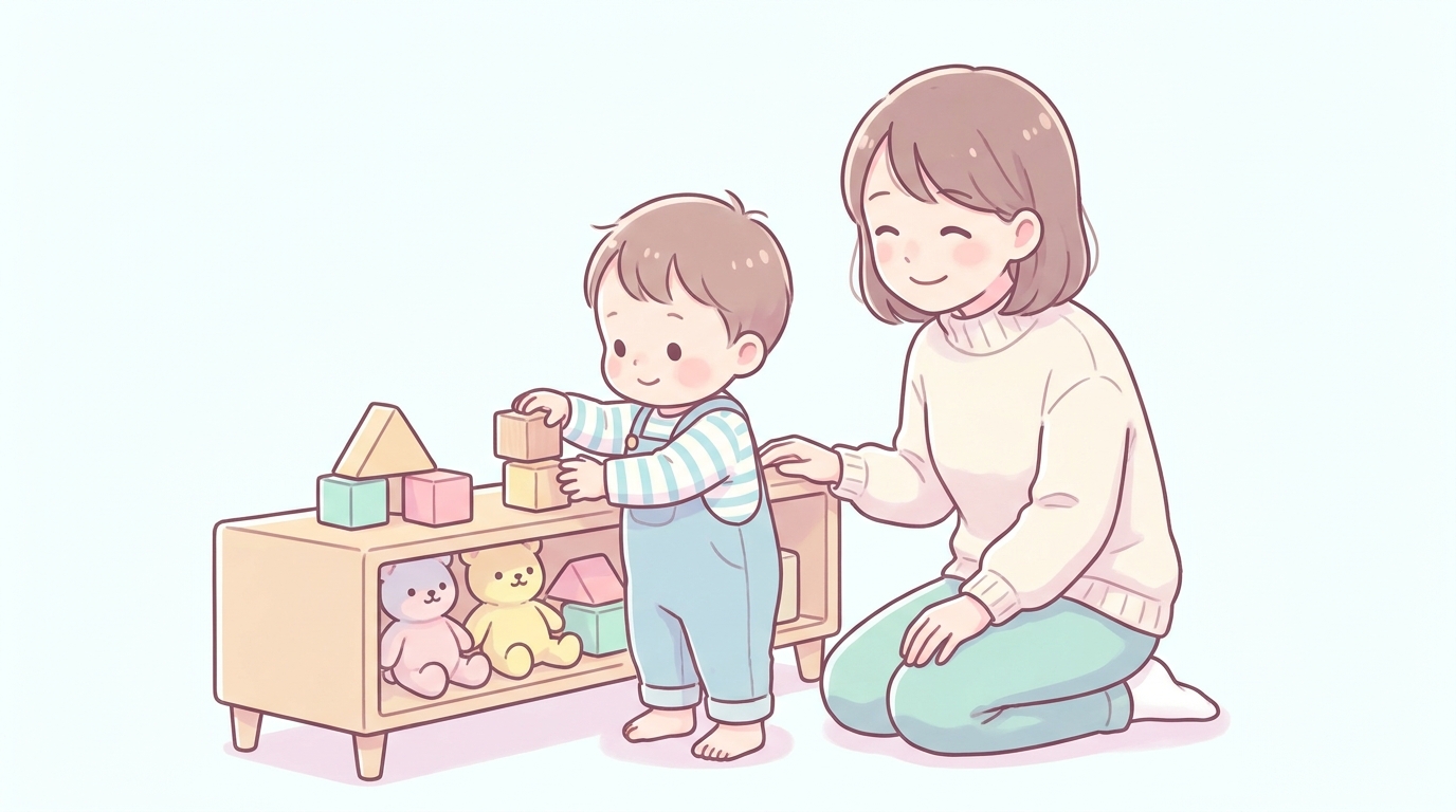 リビングの低い棚におもちゃを戻している1歳児と笑顔で見守る母親の様子