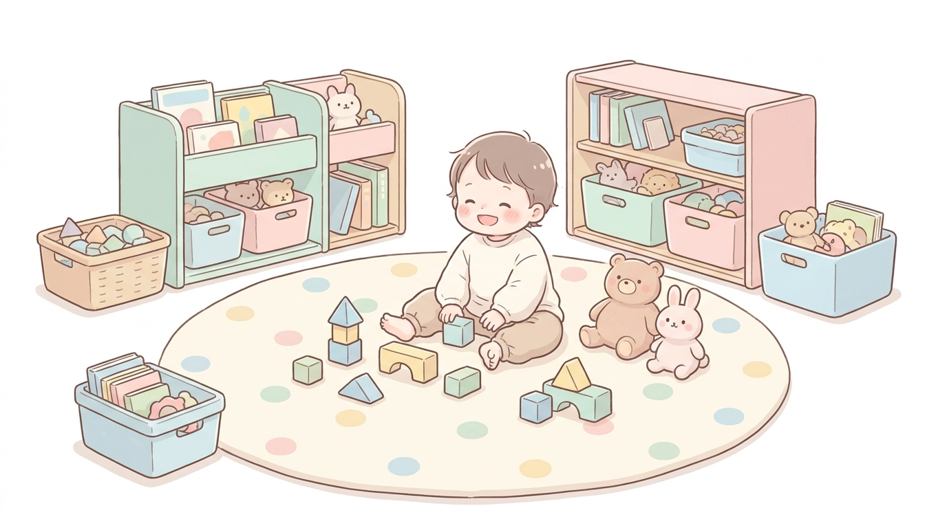 円形のラグの上で積み木やぬいぐるみで遊ぶ2歳児と、その周りに整理された低い収納棚があるリビング