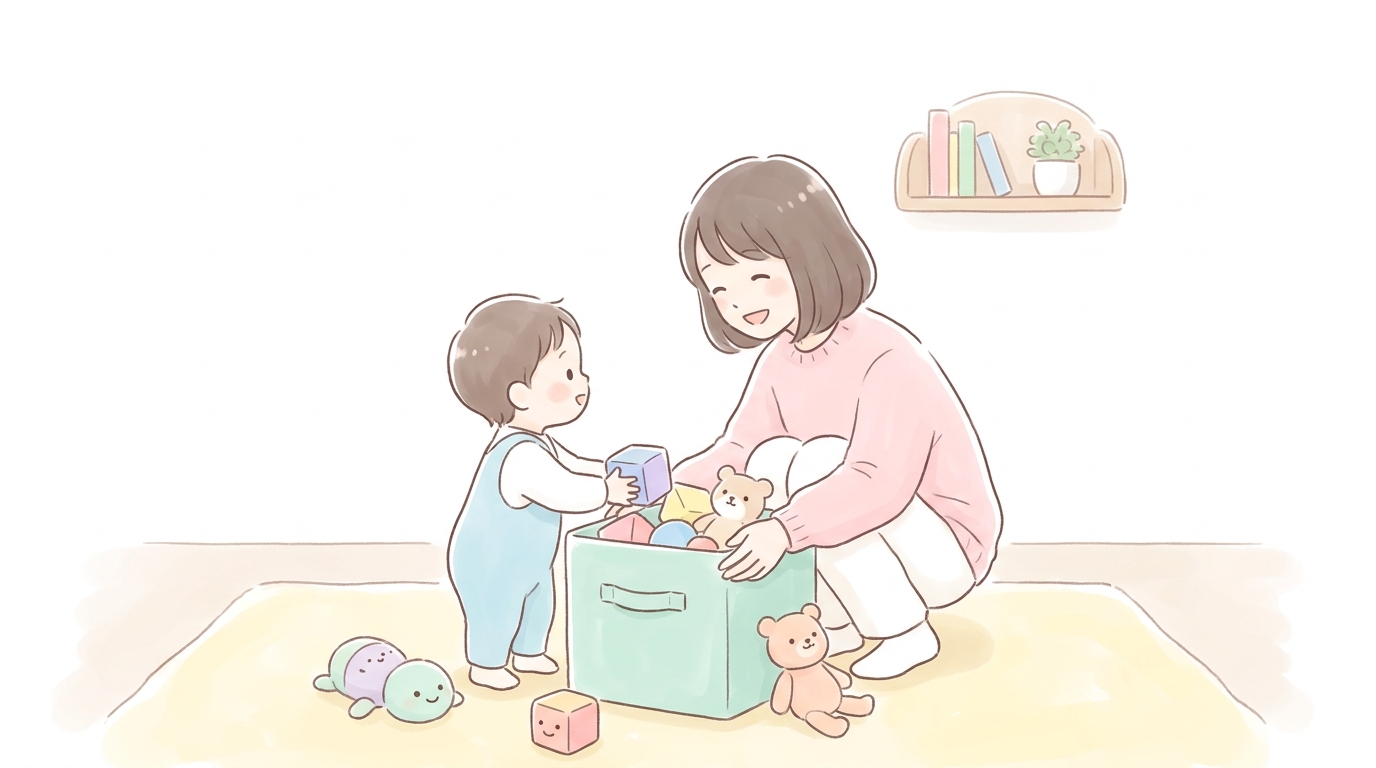 母親が子どもの目線にしゃがんで一緒におもちゃを箱に入れている温かい雰囲気の室内