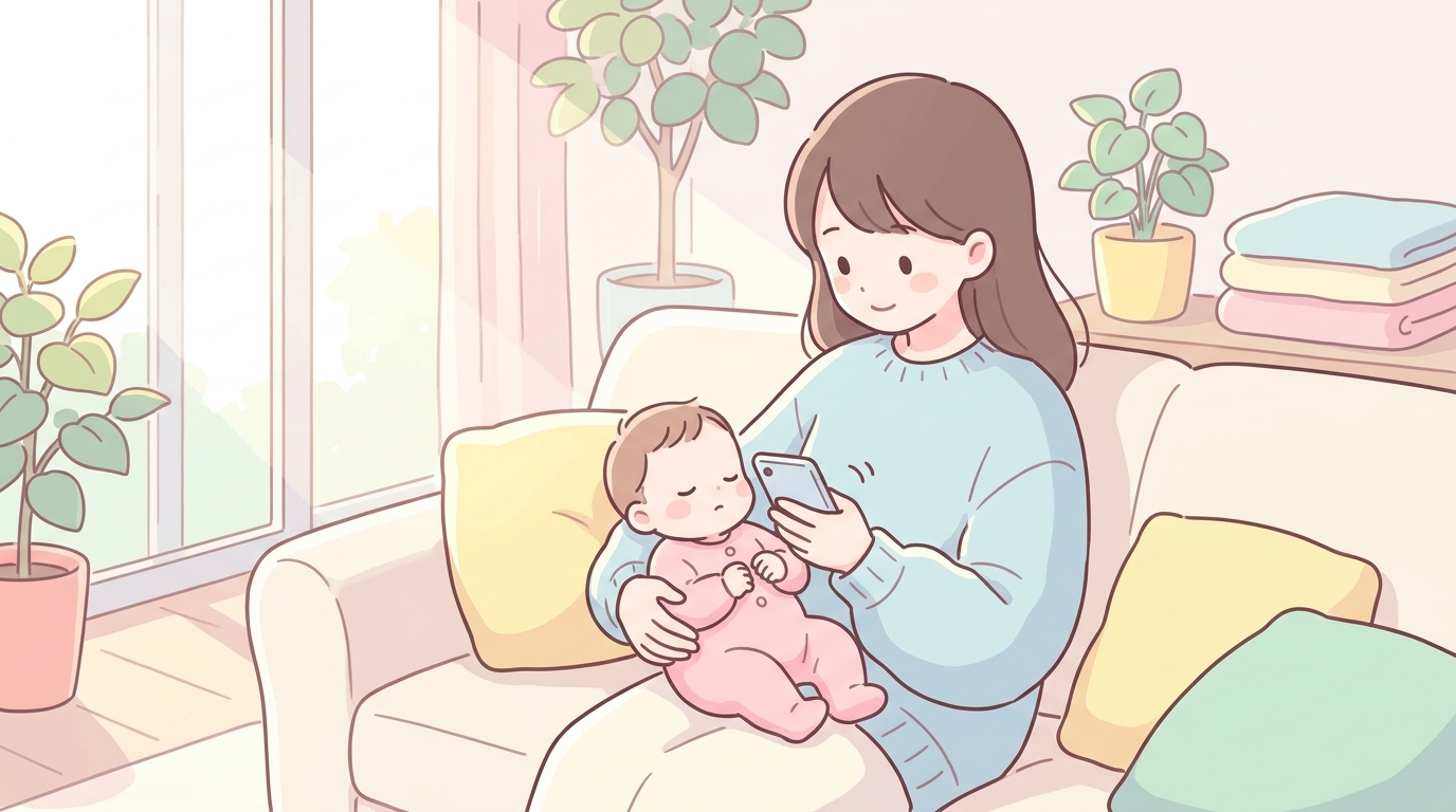 リビングで赤ちゃんを抱っこしながら片手でスマホを操作する20代後半の母親、自然光が差し込む明るい雰囲気