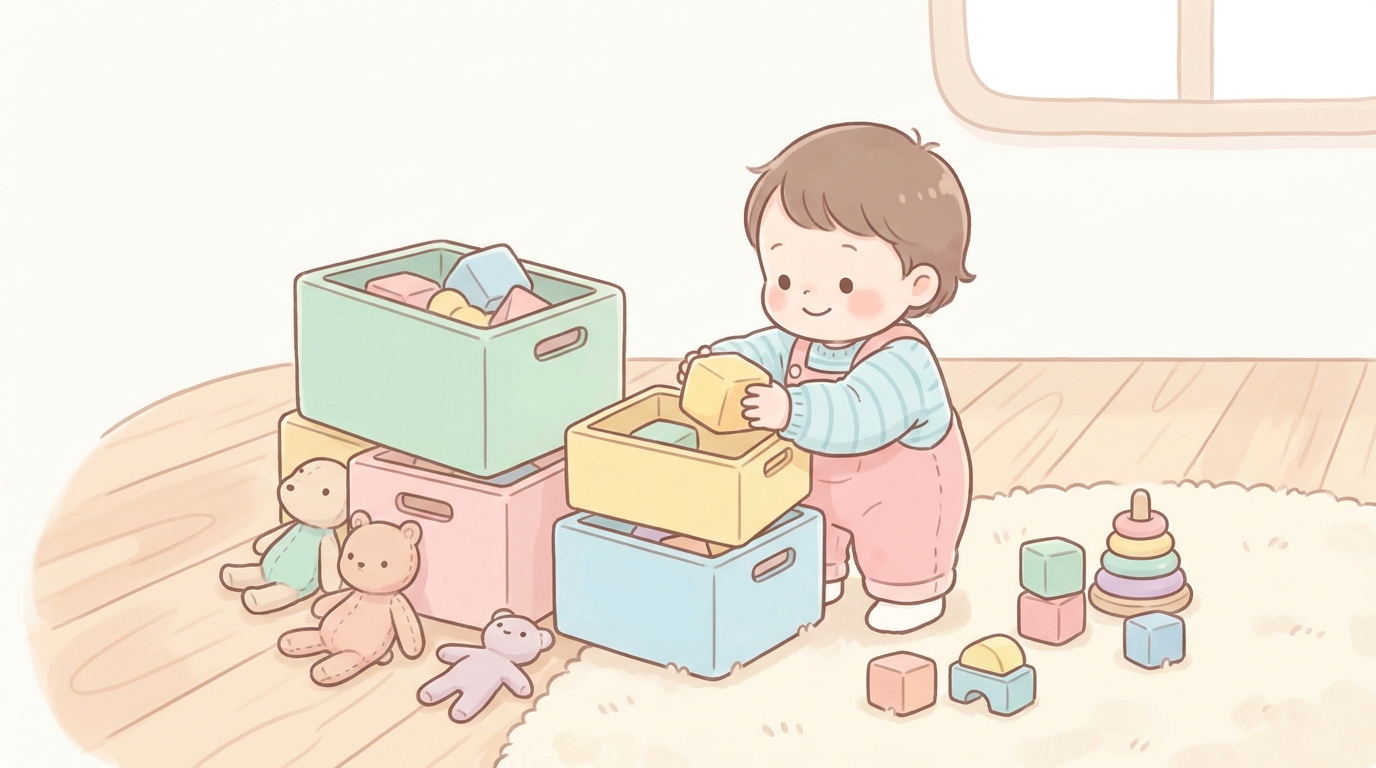 木製の床にカラフルなおもちゃ収納ボックスが並び、2歳くらいの子どもがおもちゃを片付けている様子