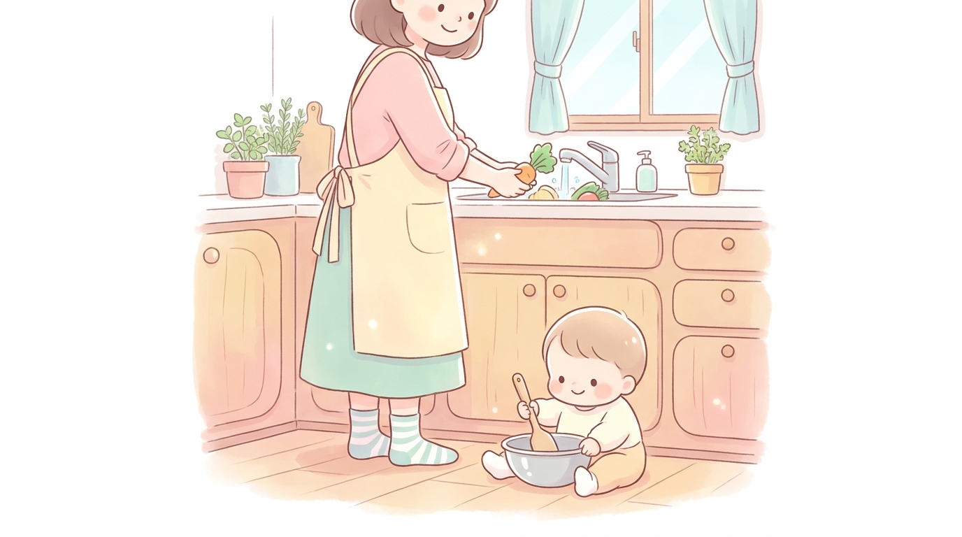 キッチンで野菜を洗う母親の足元で、ボウルや木べらで遊ぶ1歳半くらいの幼児、優しい雰囲気