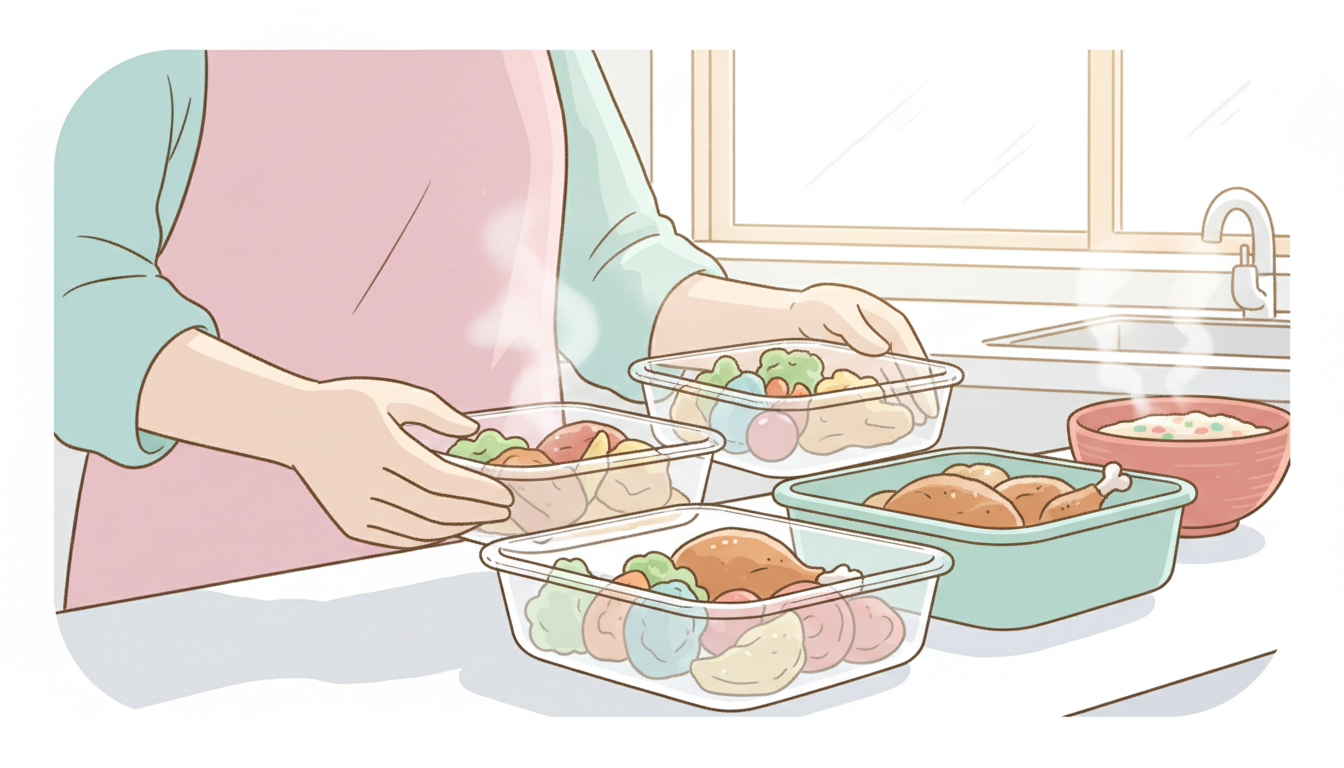 明るいキッチンで保存容器に作り置きおかずを詰めている30代女性の手元、湯気が立つ温かい雰囲気