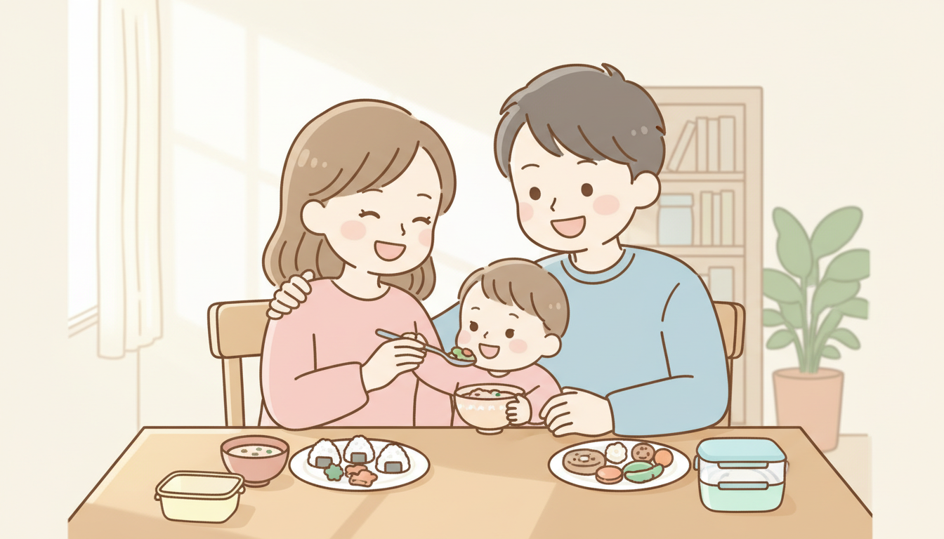 ダイニングテーブルで小さな子どもと一緒に夕食を楽しむ笑顔の家族、優しい自然光