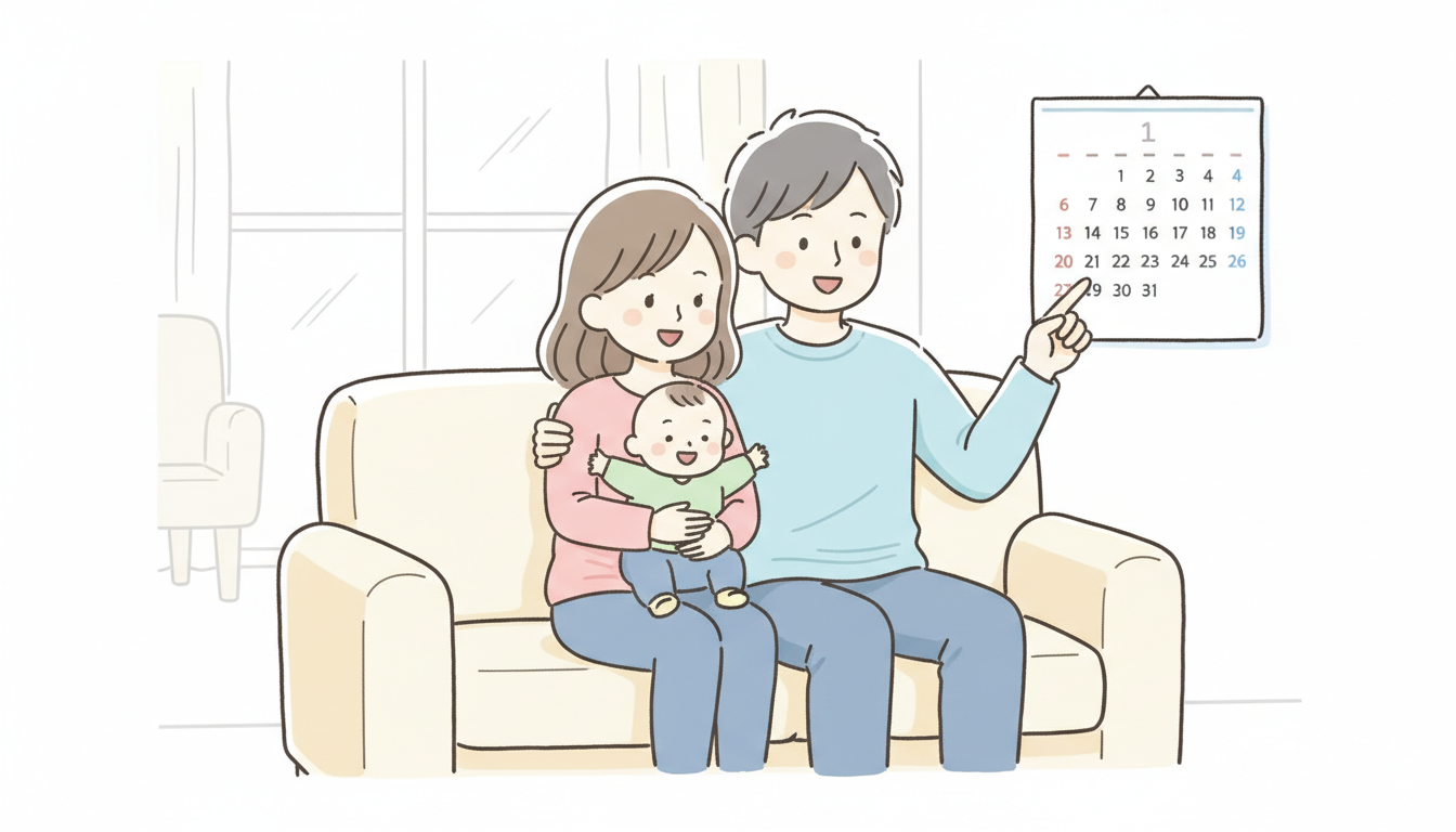リビングのソファで赤ちゃんを抱っこしながら笑顔でカレンダーを見ている20代後半の夫婦