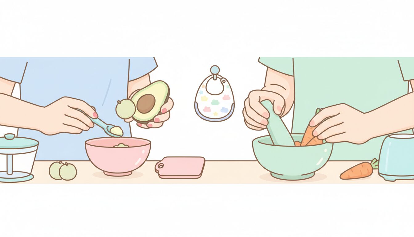 キッチンで一緒に離乳食を準備している30代夫婦の手元のクローズアップ