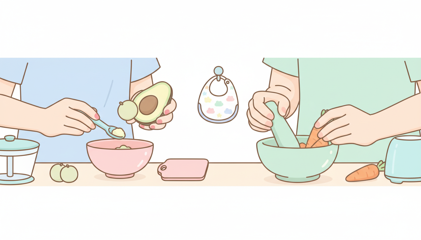 キッチンで一緒に離乳食を準備している30代夫婦の手元のクローズアップ
