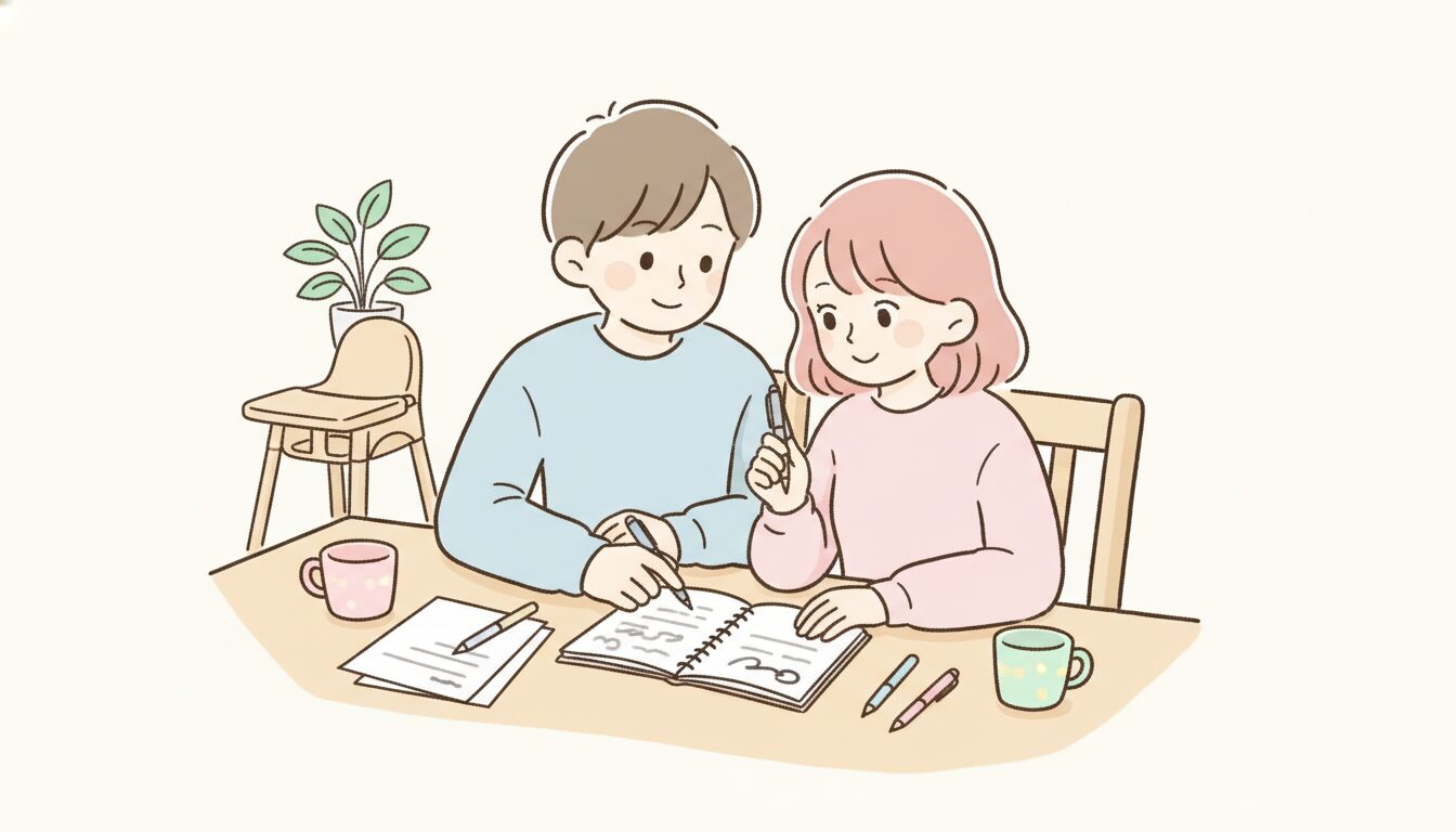 ダイニングテーブルでノートとペンを広げて家族の予定を話し合う夫婦の様子