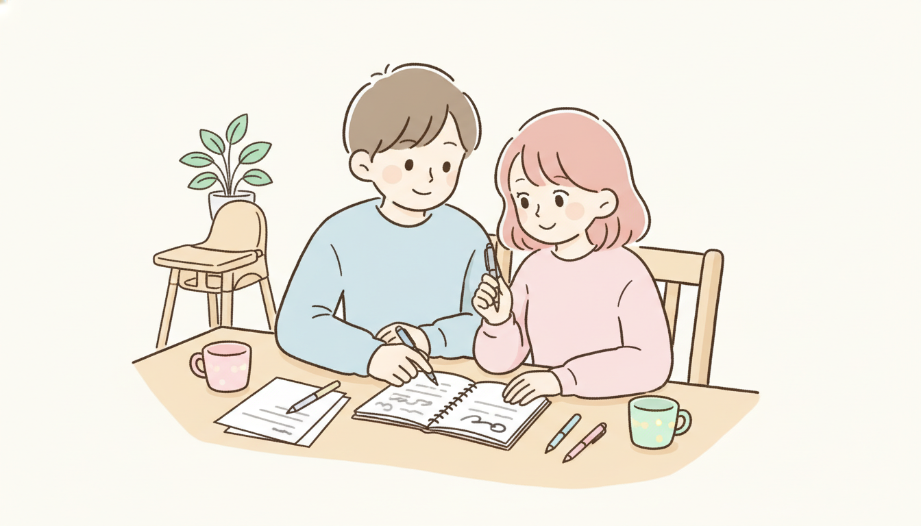 ダイニングテーブルでノートとペンを広げて家族の予定を話し合う夫婦の様子