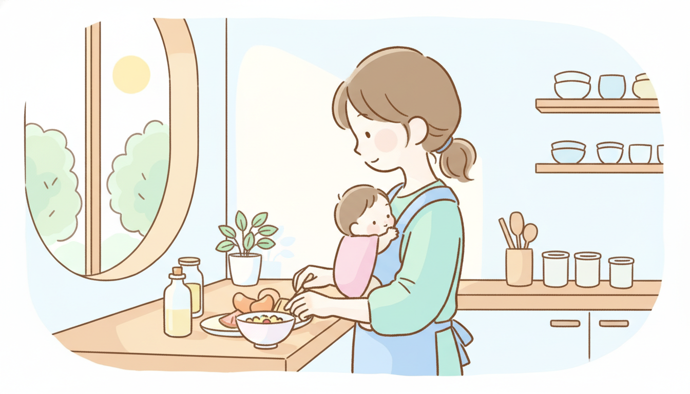 朝のキッチンで赤ちゃんを抱っこ紐で抱えながら朝食を準備する母親の柔らかな後ろ姿、窓から差し込む朝日
