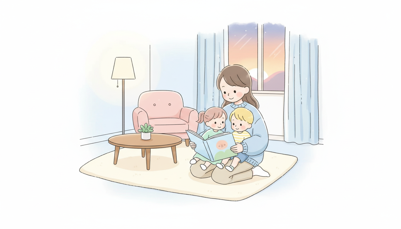 夕方のリビングで、絵本を膝にのせて2人の幼児に読み聞かせをする母親の温かな雰囲気