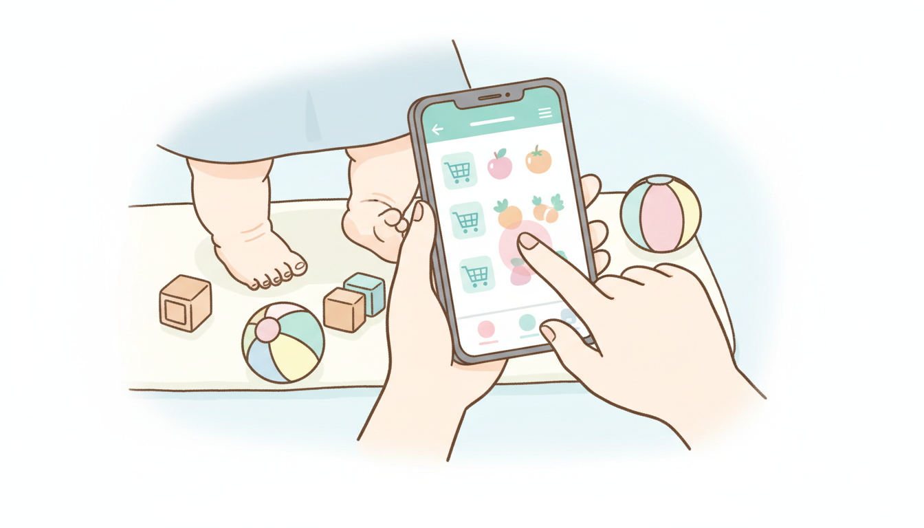 スマートフォンでネットスーパーアプリを操作する女性の手元と、傍らで遊ぶ1歳児の足元