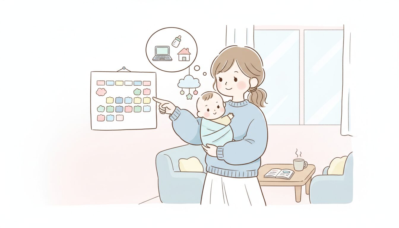 カレンダーを見ながらスケジュールを考える、赤ちゃんを抱っこした30代女性の柔らかな雰囲気