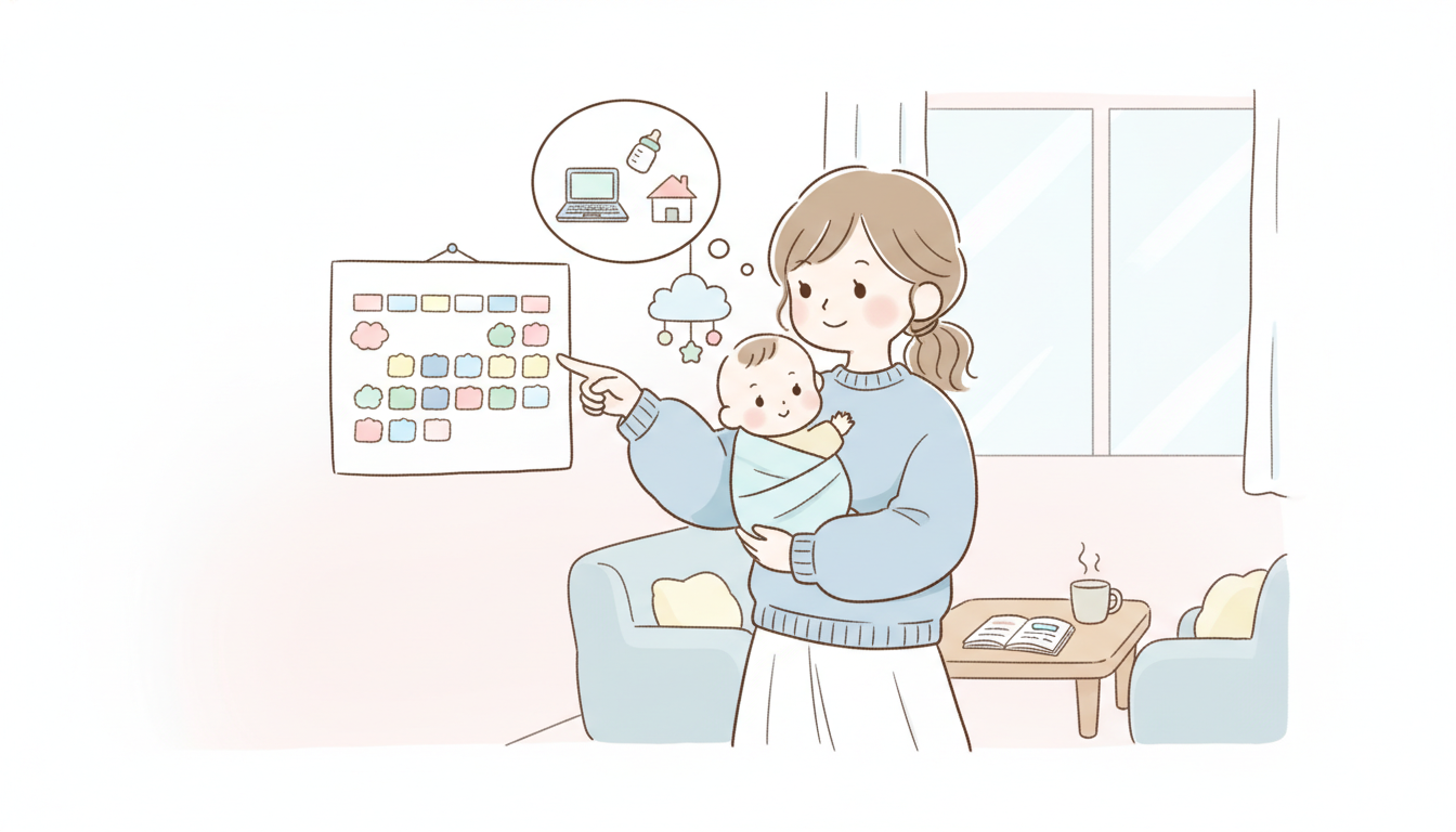 カレンダーを見ながらスケジュールを考える、赤ちゃんを抱っこした30代女性の柔らかな雰囲気