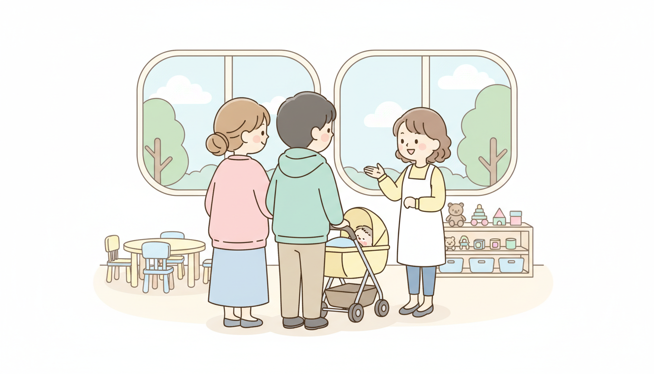保育園の見学で先生から説明を聞く、ベビーカーを押した若い夫婦のあたたかな後ろ姿