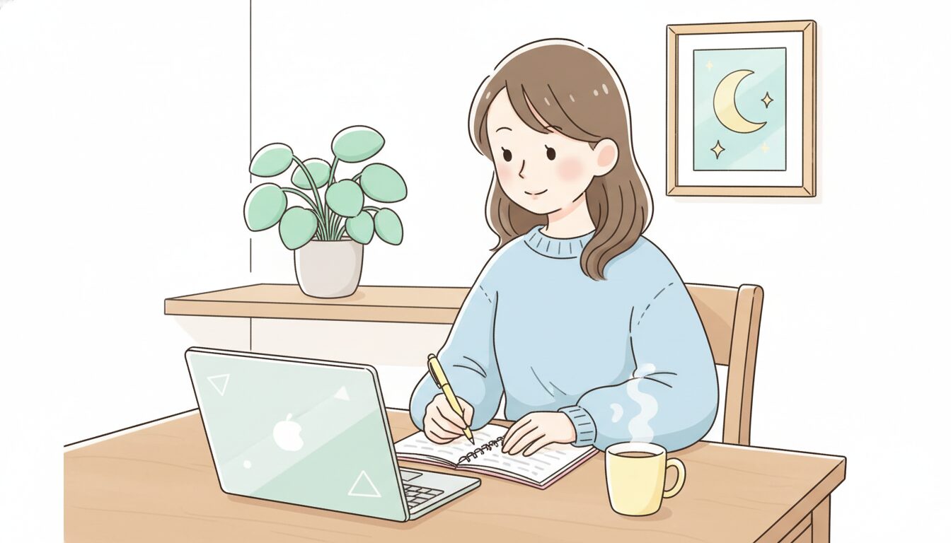 自宅のダイニングテーブルでノートパソコンを開き、メモを取りながら学び直しをする30代の女性