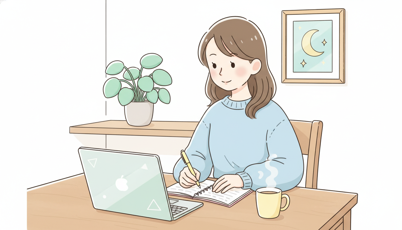 自宅のダイニングテーブルでノートパソコンを開き、メモを取りながら学び直しをする30代の女性