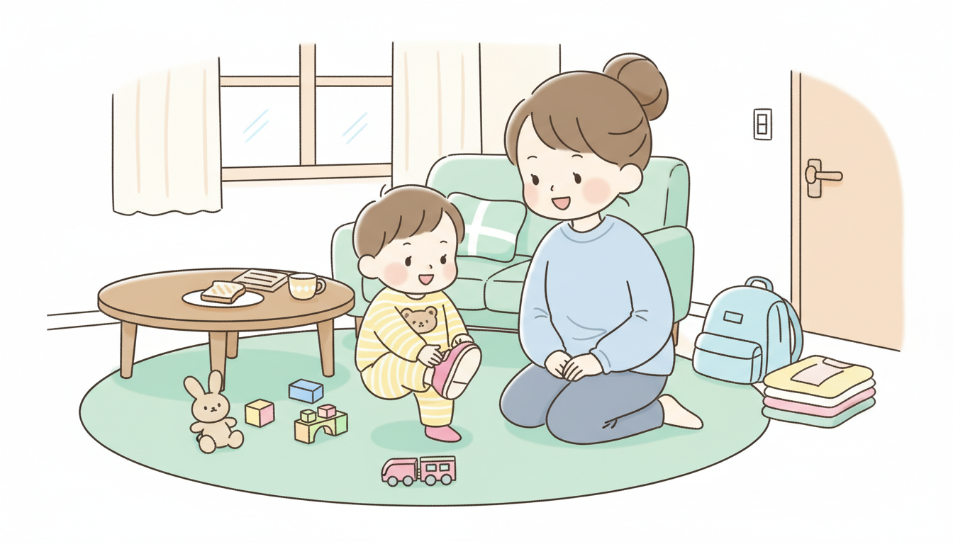 保育園に向かう前の慌ただしい朝のリビングで、パジャマ姿の2歳児を見守る母親