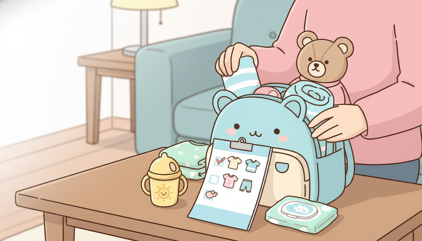 夜のリビングで翌日の保育園バッグの中身をチェックリストと照らし合わせる親の手元