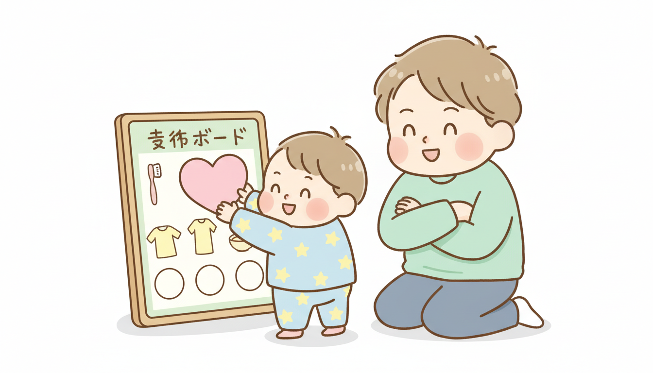 笑顔でお支度ボードのシールを貼る3歳児と、その様子を優しく見守る父親
