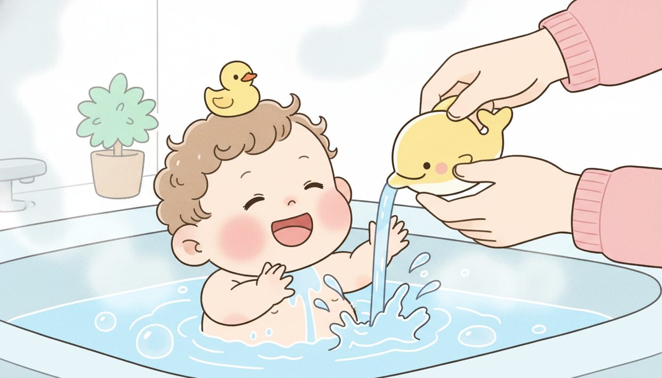 バスタブで楽しそうに水遊びをする1歳児と、優しく見守る母親の手元、湯気が立ち上る浴室