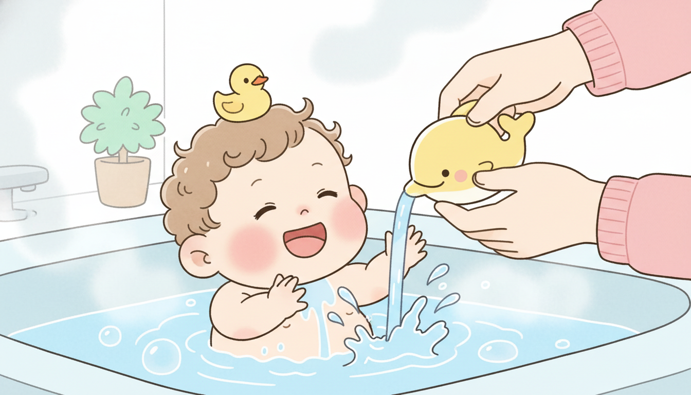 バスタブで楽しそうに水遊びをする1歳児と、優しく見守る母親の手元、湯気が立ち上る浴室