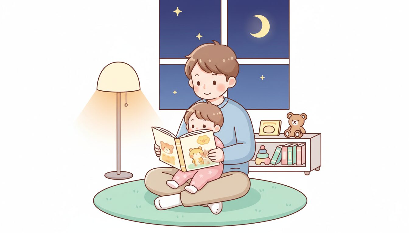 リビングで絵本を読み聞かせる父親と、膝の上でくつろぐ2歳くらいの子ども、暖色系の照明が照らす穏やかな夜の風景