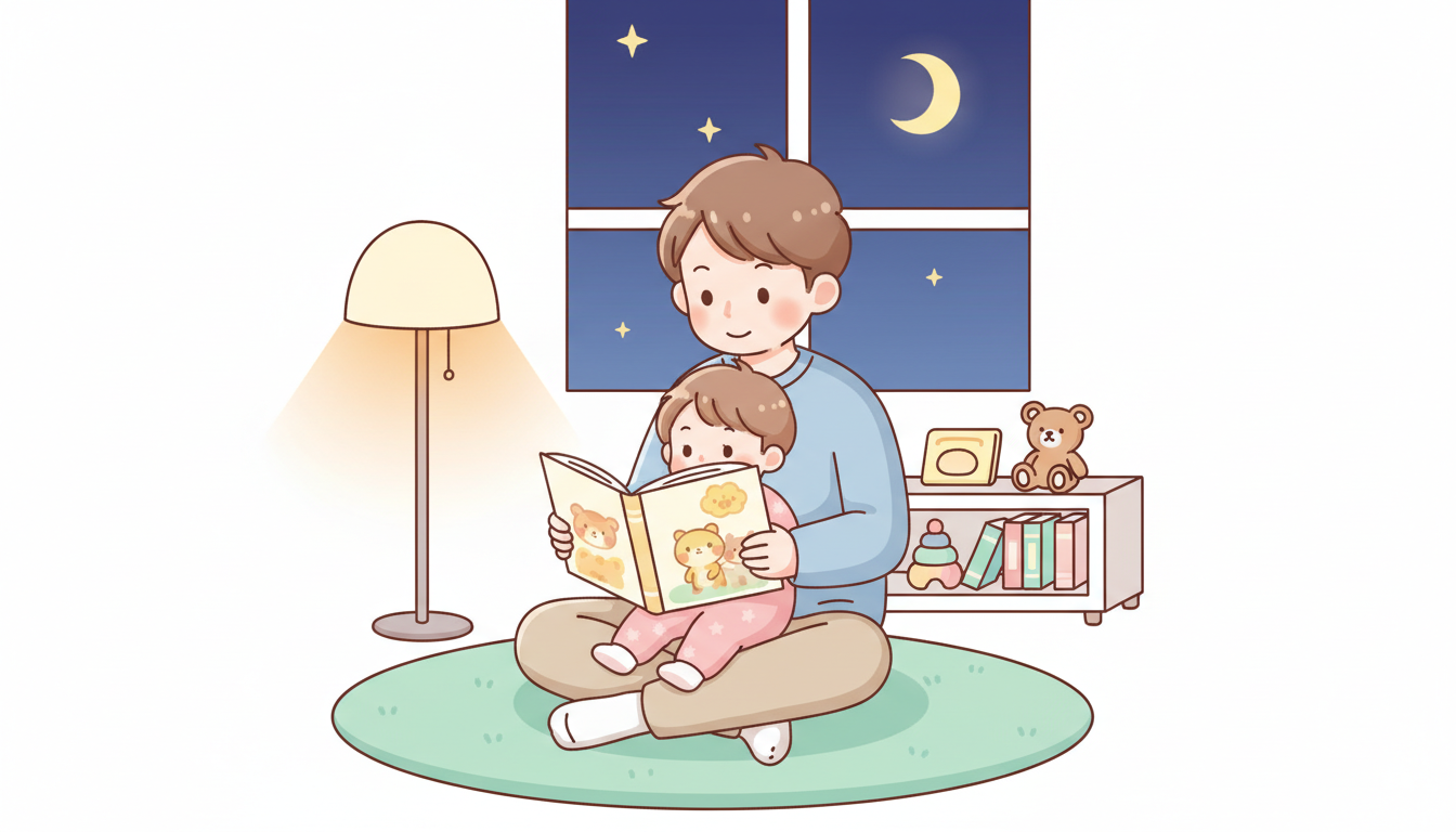 リビングで絵本を読み聞かせる父親と、膝の上でくつろぐ2歳くらいの子ども、暖色系の照明が照らす穏やかな夜の風景