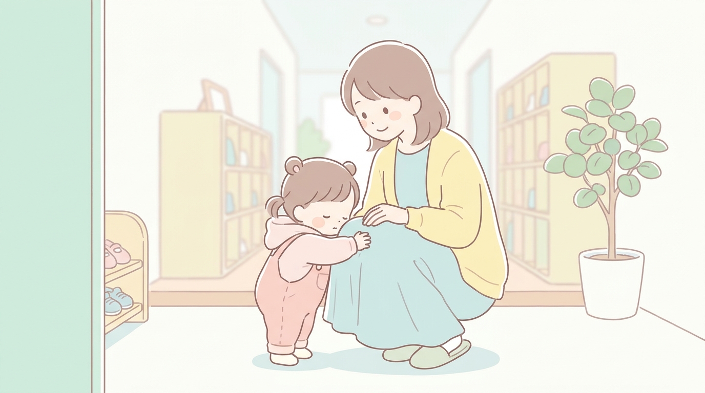 保育園の玄関で母親の足にしがみついて泣いている2歳児の女の子と、しゃがんで優しく目線を合わせる母親の温かい朝のシーン