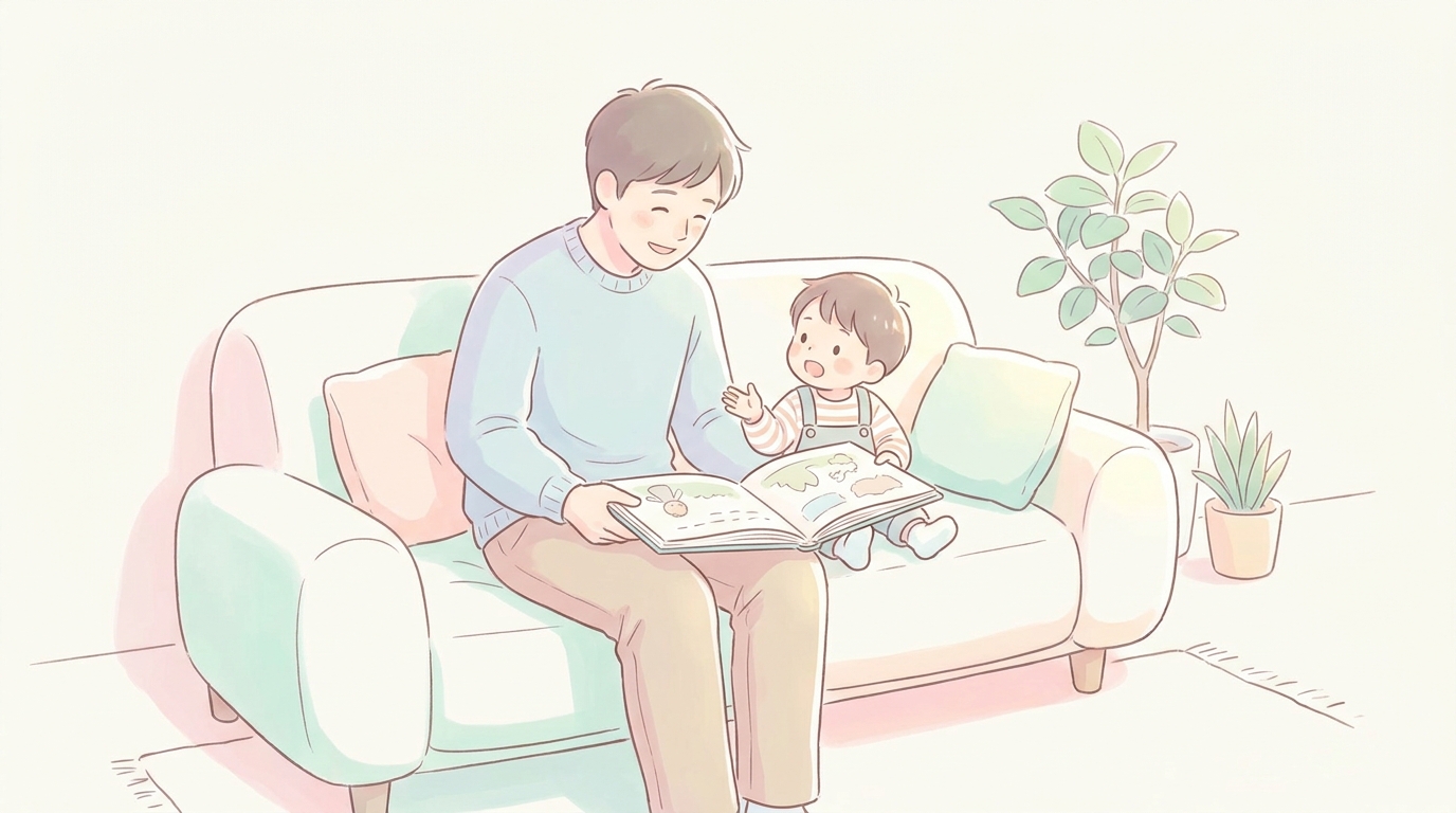リビングのソファで絵本を読みながら子どもの話に耳を傾ける優しい表情のお父さんと3歳くらいの男の子
