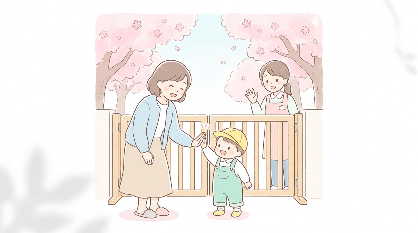 朝の保育園の門前で笑顔でハイタッチをする母親と3歳の男の子、背景には桜の木と先生