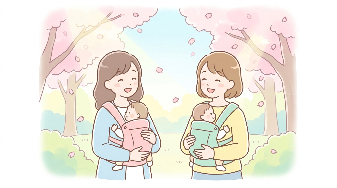 公園で赤ちゃんを抱っこしながら笑顔で会話する20代後半のママ二人、明るい春の日差し