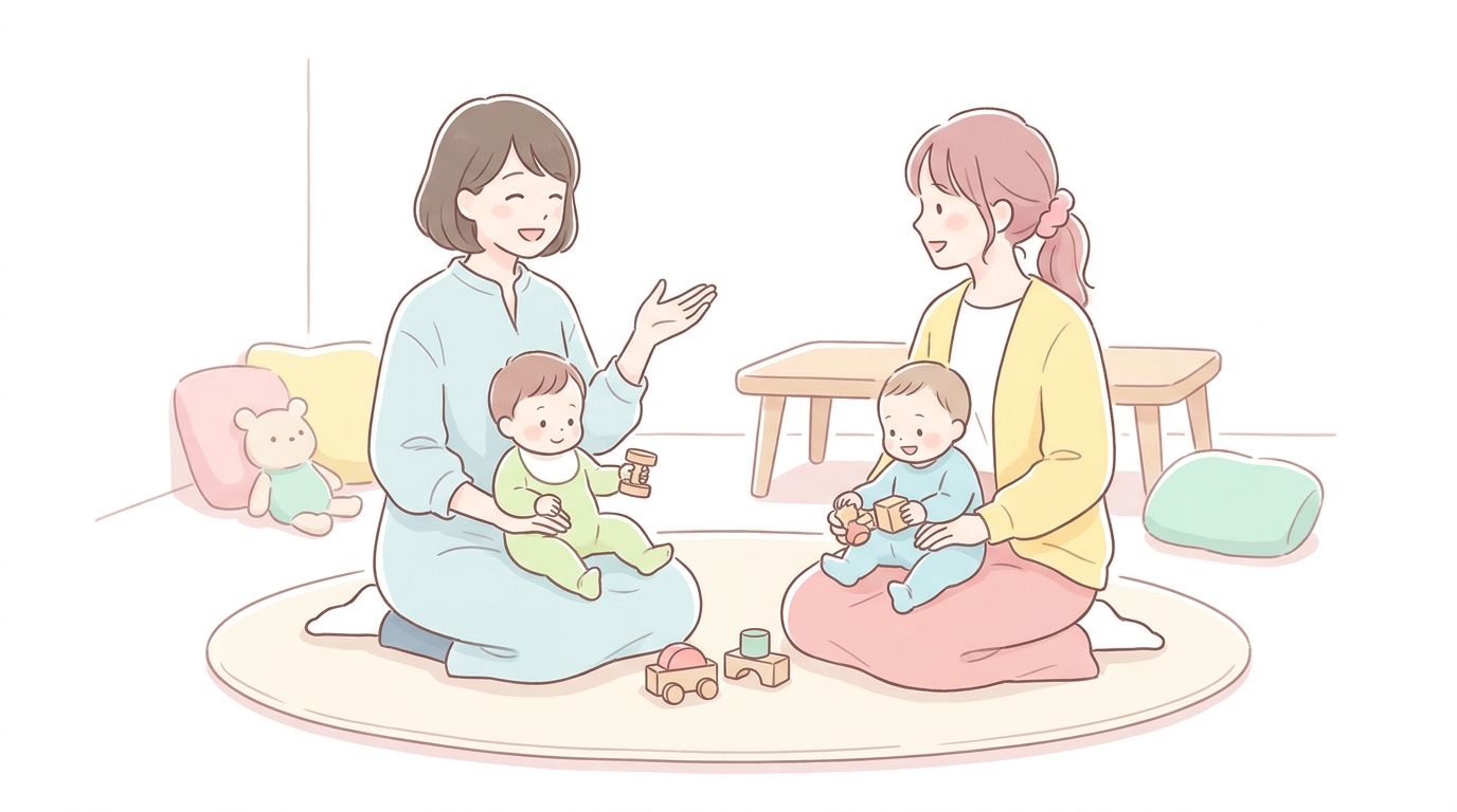 子育て支援センターで赤ちゃんを膝に乗せながら他のママと穏やかに話す姿、ナチュラルな雰囲気