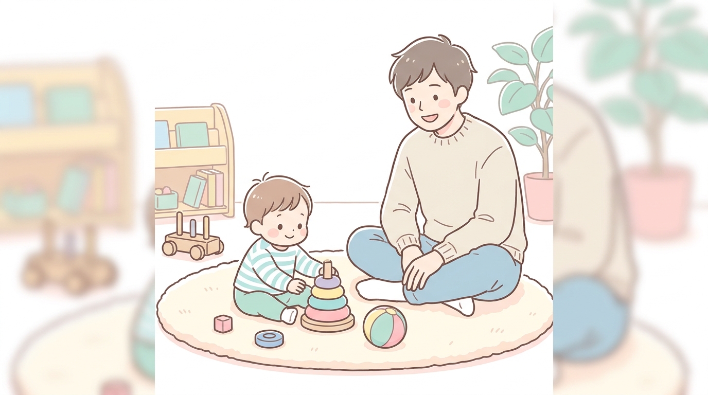 子育て支援センターでマットの上に座り、おもちゃで遊ぶ1歳児と微笑むパパ、温かい雰囲気