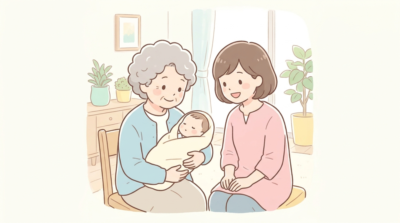 0〜1歳の赤ちゃんを抱っこする祖母と、その横で笑顔で見守る30代の母親。明るいリビングで温かい雰囲気