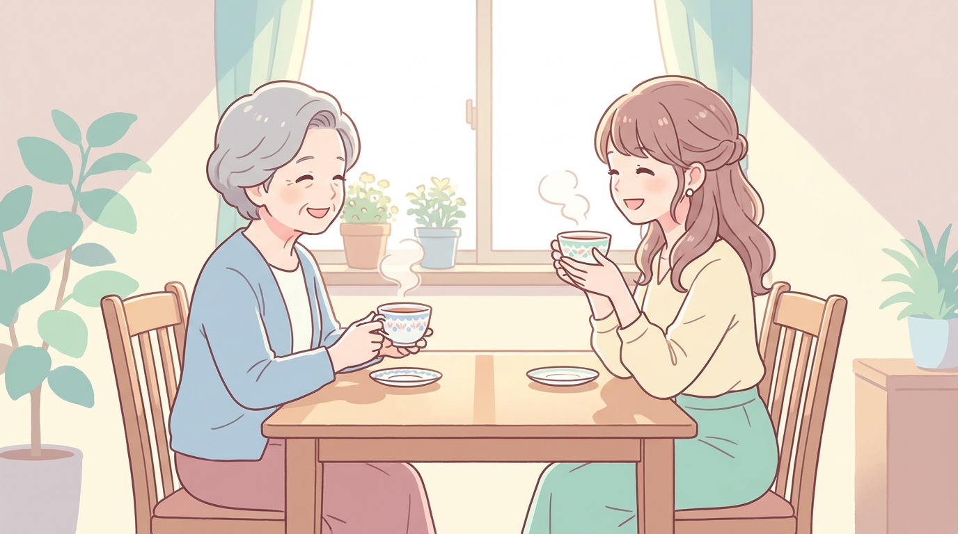 ダイニングテーブルで紅茶を飲みながら穏やかに会話する義母と30代の嫁。柔らかな自然光が差し込む