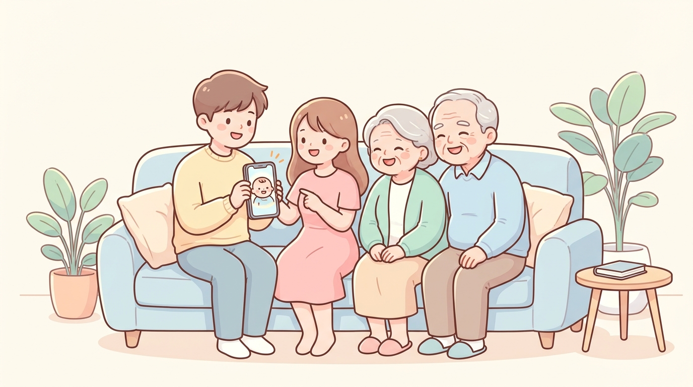 スマートフォンで赤ちゃんの写真を見せながら祖父母と楽しそうに話す若い夫婦。リビングのソファでくつろぐ家族