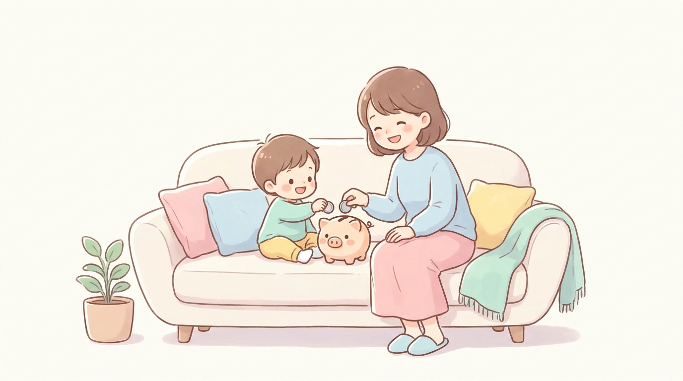 リビングのソファで母親と2歳くらいの子どもが笑顔で貯金箱に硬貨を入れている温かい雰囲気のシーン