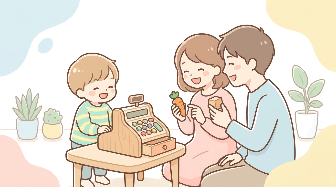 木製のおもちゃのレジを使ってお店屋さんごっこをする3歳くらいの子どもと両親が楽しそうに遊ぶシーン