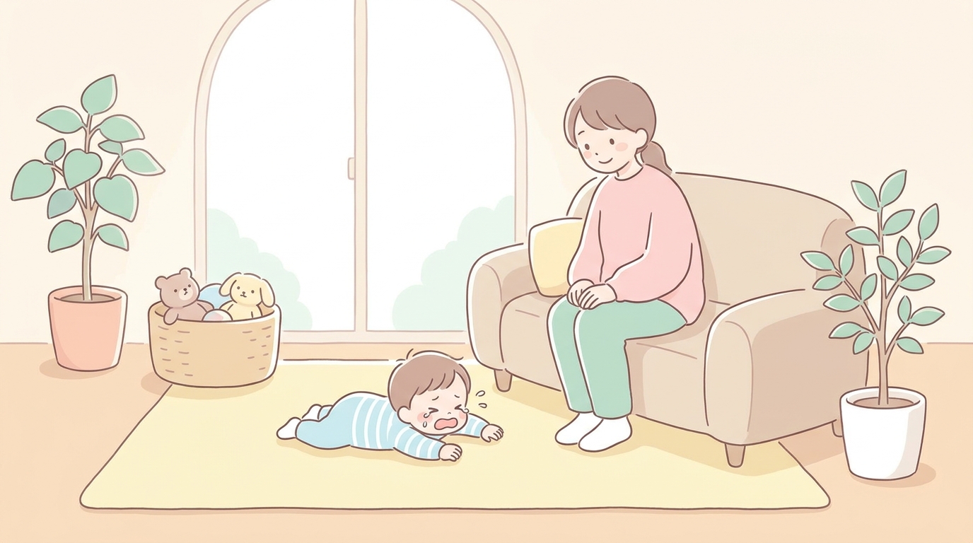 床に寝転んで泣く2歳くらいの子どもと、優しく見守る母親のリビングでの様子