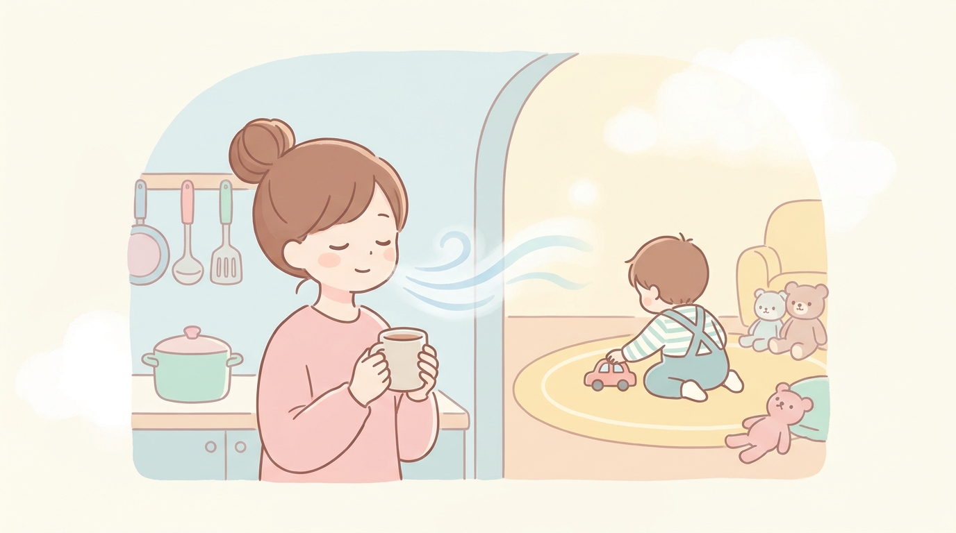キッチンで深呼吸して気持ちを落ち着かせる母親と、リビングで遊ぶ子どもの後ろ姿