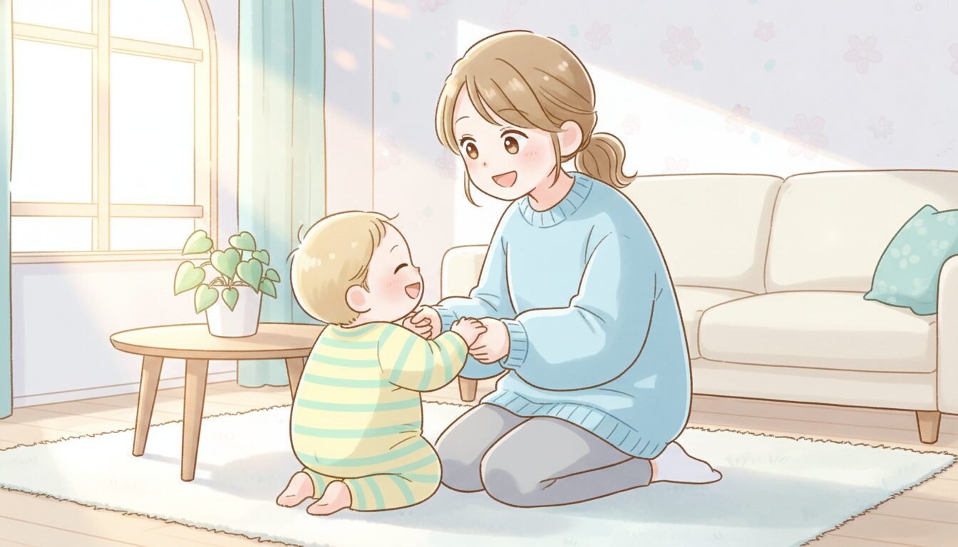 リビングで1歳の子どもと目線を合わせて優しく語りかける30代女性、自然光が差し込む温かい雰囲気