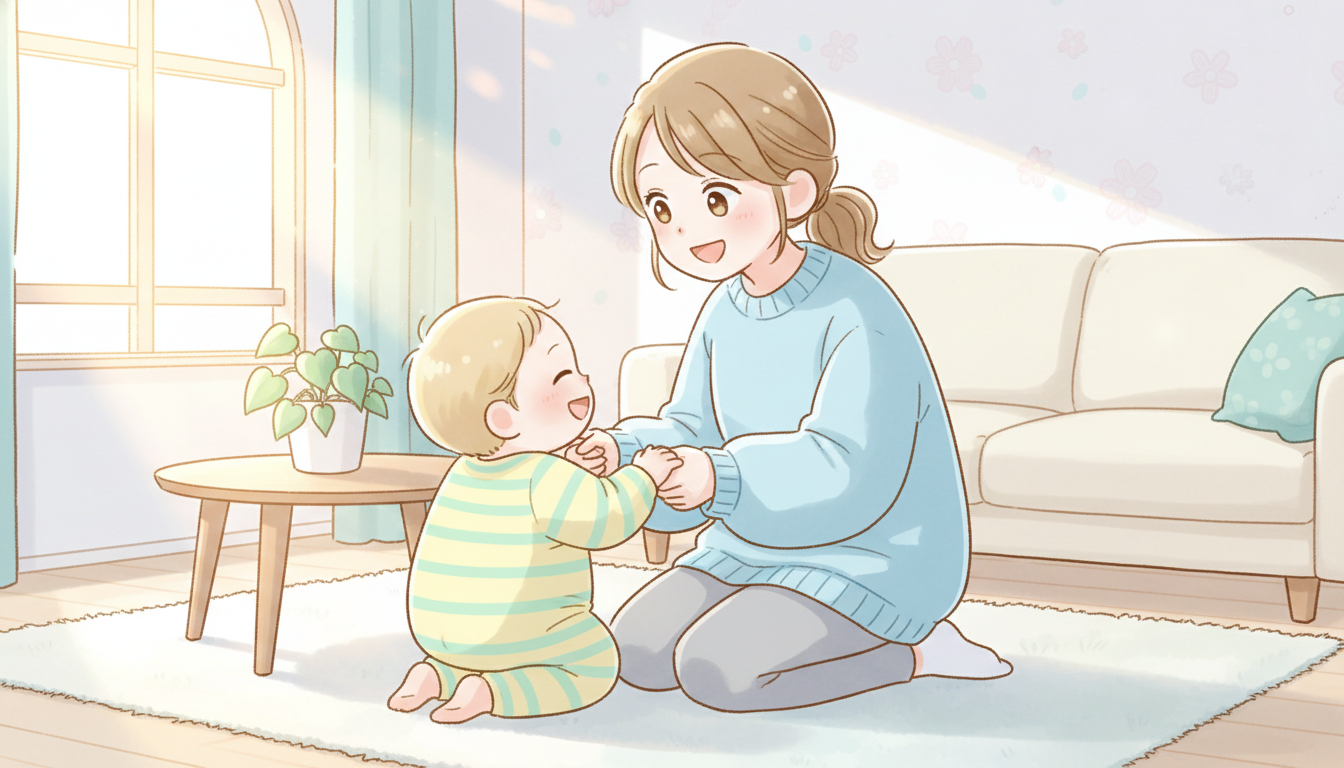 リビングで1歳の子どもと目線を合わせて優しく語りかける30代女性、自然光が差し込む温かい雰囲気