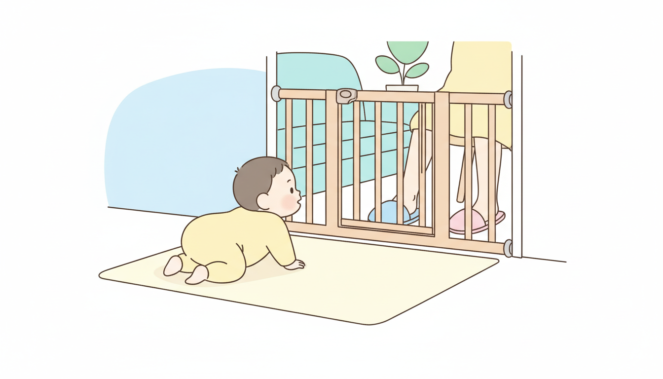 木製のベビーゲートが設置されたリビング、ハイハイをする赤ちゃんと見守る親の足元