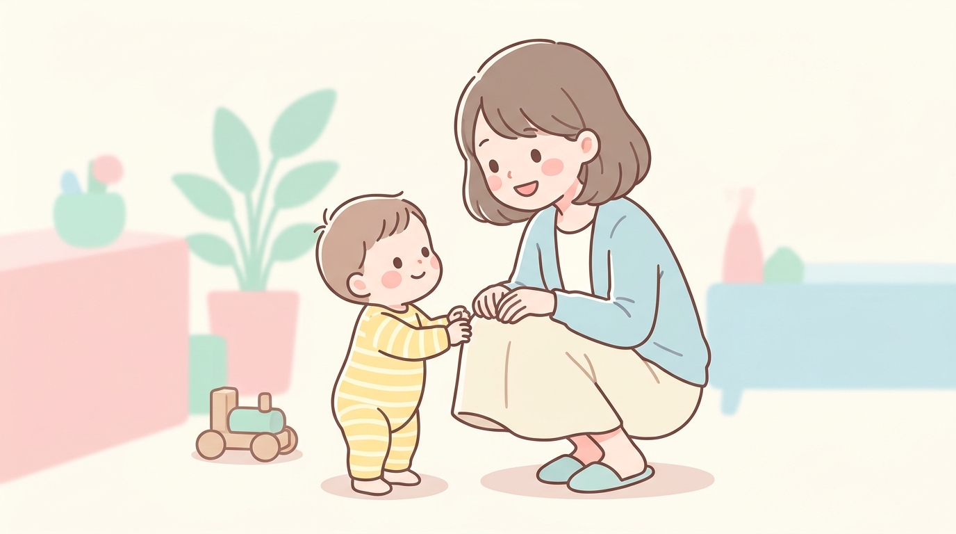 笑顔で1歳の赤ちゃんに目線を合わせて声をかけている若いお母さんの温かいシーン